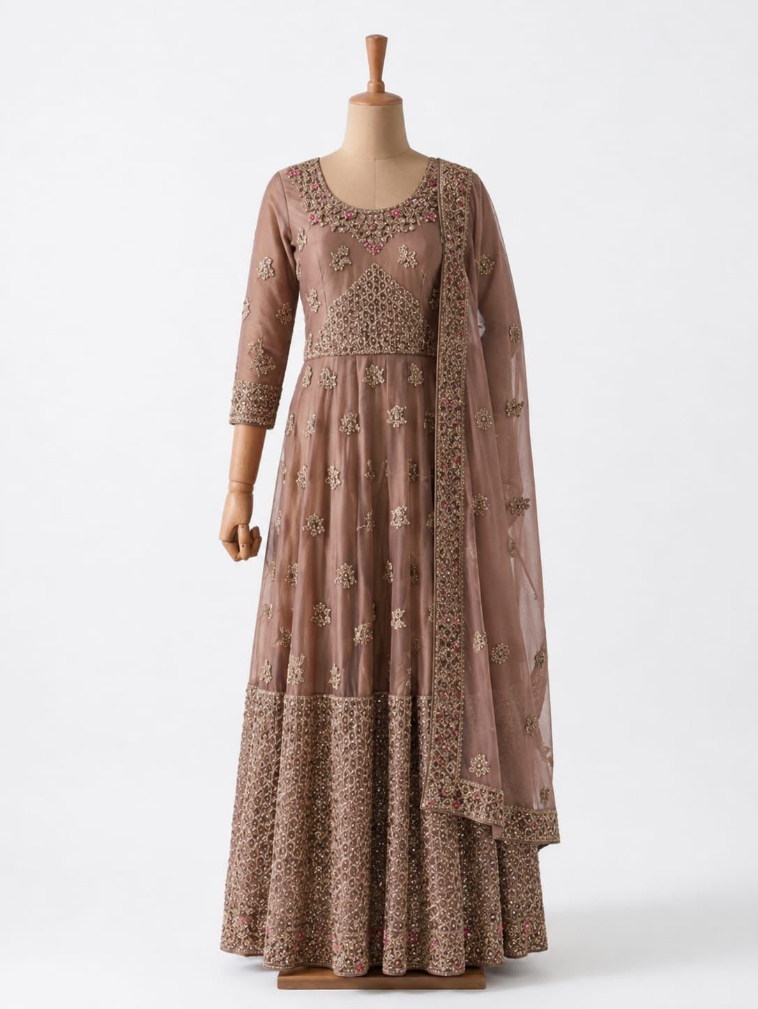 Elegant Taupe Embroidered Anarkali Gown ✨